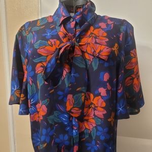 Mango Button Down Flutter Sleeve Floral Print Top